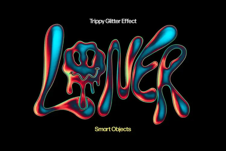Trippy Glitter Effect 潮流复古哑光颗粒磨砂立体金属迷幻艺术字体特效ps样机素材模板
