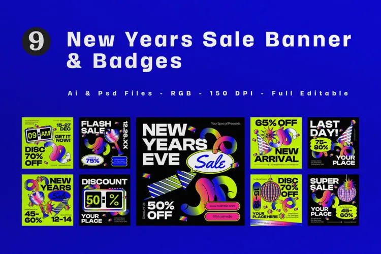 Black Yellow Minimalist New Year Sale Banner 9款潮流时尚撞色电商新年促销折扣大促banner封面设计ai矢量素材