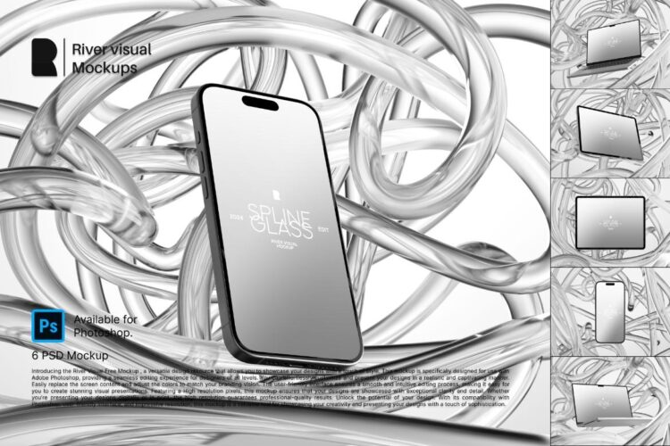 Device Mockup – Spline Glass Series 未来科幻玻璃背景苹果iPhone手机MacBook电脑iPad平板Ps展示贴图样机模板