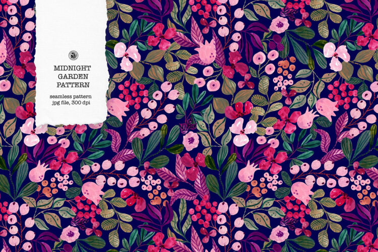 Midnight Garden Gouache Pattern 复古时尚自然植物花卉手绘插画无缝拼接图案设计PS图案素材