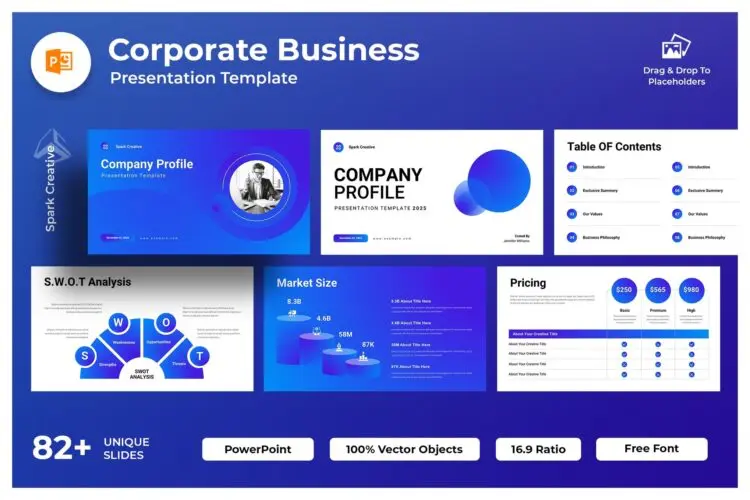 Corporate Business Presentation Template 82页蓝色现代专业初创公司工作室简介市场分析融资报告PPT模板Keynote演示文稿Google Slides