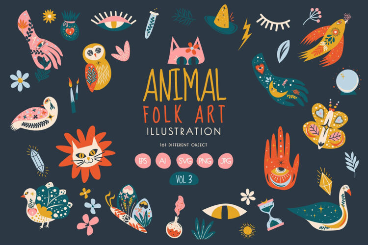 Folk Art Animal Vol.3 民间艺术动物民俗时尚自然植物花卉手绘插画图案设计ai矢量设计素材