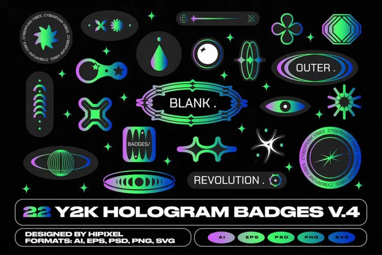 Y2K Hologram Badge Stickers V.4 复古Y2K全息彩虹镭射徽章标签贴纸标识设计矢量设计素材