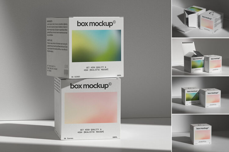 Box Mockup – 5 Scenes 方形包装纸盒模型展示品牌logo标识设计贴图ps样机素材