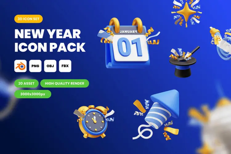 New Year 3D Icons 新年庆祝派对活动装饰元素3D图标icon设计素材