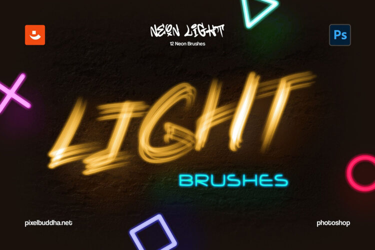 Neon Light Photoshop Brushes 12款潮流时尚科幻赛博朋克梦幻霓虹灯光效海报标题ps笔刷设计素材