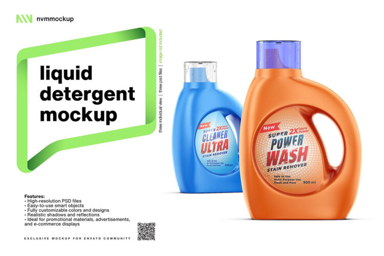 Liquid Detergent Bottle Mockup 液体洗涤洗衣液塑料瓶装模型品牌包装logo标识设计贴图ps样机素材免费下载