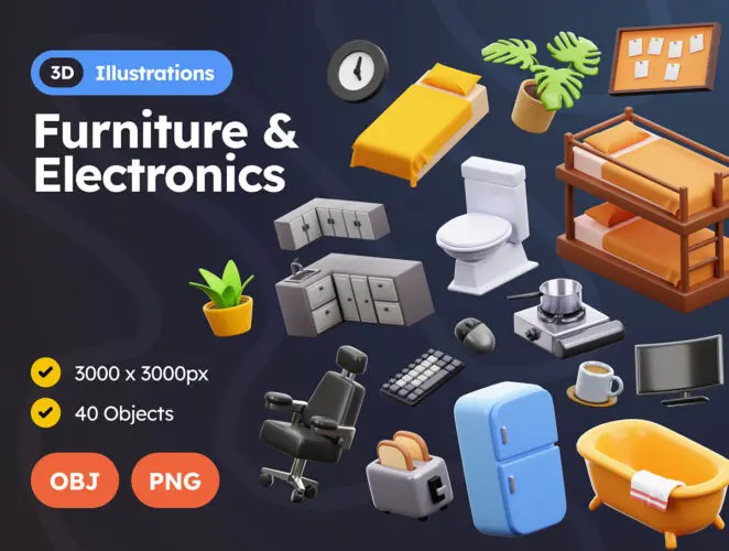 Furniture and Electronics 40款创意家具家用电器3D插图UI界面图标Icons设计Blender/PNG格式素材