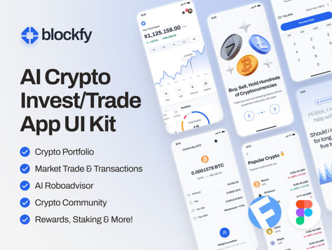 blockfy AI Crypto Investing & Trading App UI Kit 双配色300屏AI人工智能加密货币投资交易App应用ui界面设计模板