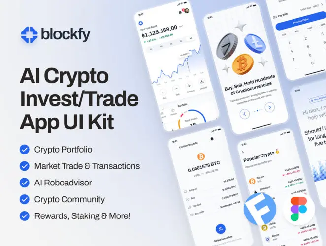 blockfy AI Crypto Investing & Trading App UI Kit 双配色300屏AI人工智能加密货币投资交易App应用ui界面设计模板