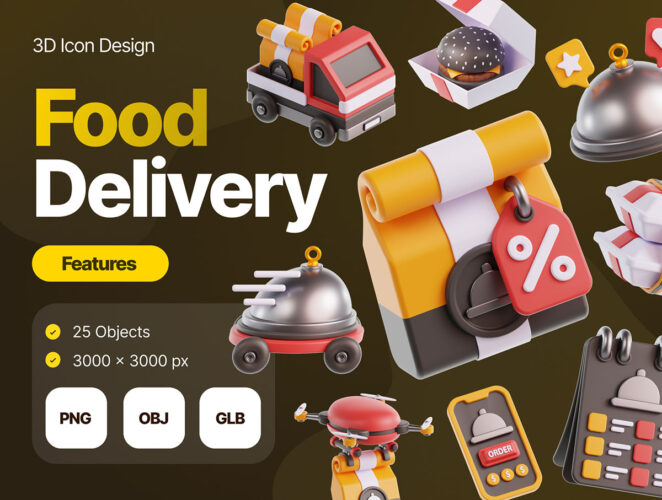 3D Food Delivery Illustrations 25款快餐美食预订外卖配送主题演示3D插图插画图片设计素材