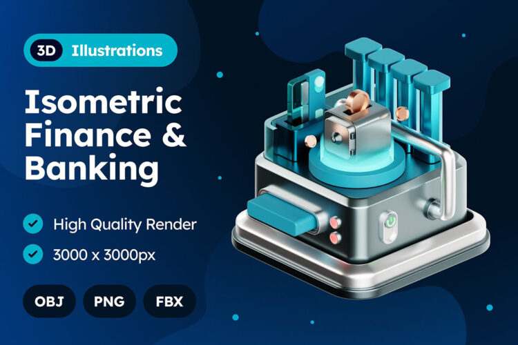 Isometric Finance & Banking 3D Illustration 15款3D未来AI智能科技网络信息云储存图标PNG插画模型设计图