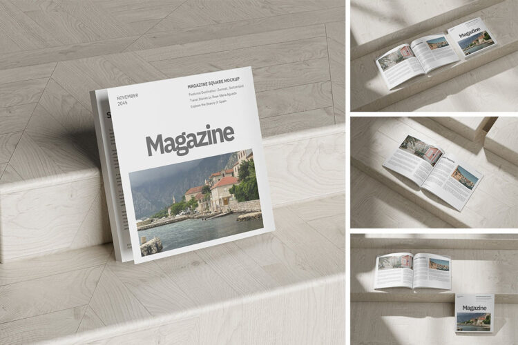 Square Magazine Mockup 精装方形杂志小册子模型封面内页设计贴图ps样机素材