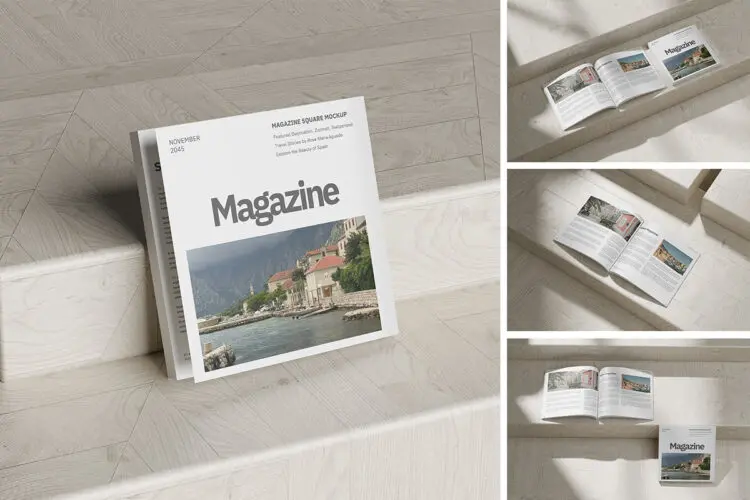 Square Magazine Mockup 精装方形杂志小册子模型封面内页设计贴图ps样机素材
