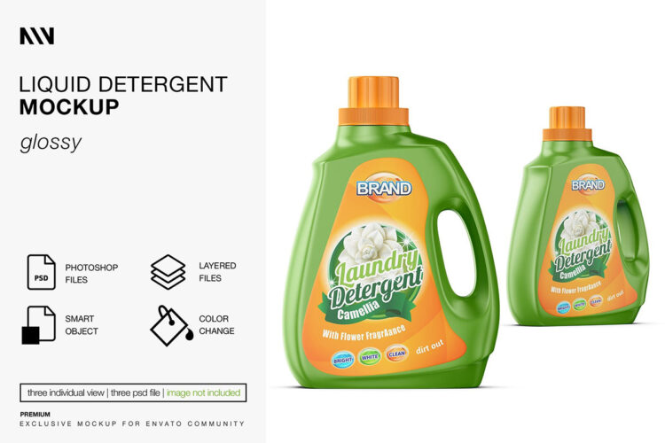 Liquid Detergent Bottle Mockup 液体洗涤洗衣液塑料瓶装模型品牌包装logo标识设计贴图ps样机素材