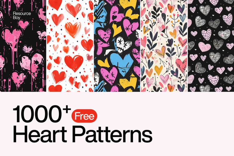 1000+ Heart Patterns 1000款创意潮流手绘情人节心形爱心插画无缝拼接图案背景图片素材