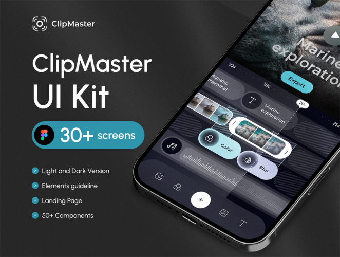 ClipMaster – Video editor App & Landing Page 20+屏暗黑系响应式短视频音频剪辑合成网站WEB UI界面设计Figma模板