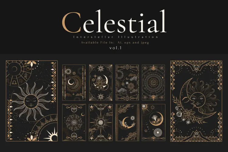 Celestial Interstellar Frame Illustration Vol.1 复古神秘天体占星术塔罗牌边框插图插画矢量平面设计素材