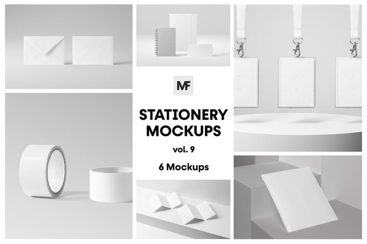 Stationery Products Mockups vol.9 吊牌信封笔记簿胶带卷三折页文具模型品牌展示logo标识设计贴图ps样机素材