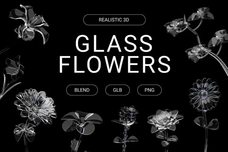 3D Glass Flowers Illustration 20款时尚3D立体透明亚克力玻璃水晶花卉植物鲜花webp免抠图片素材