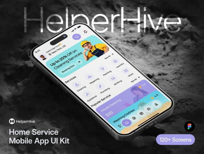 Helperhive – Home Service Mobile App UI Kit 120+屏国外家政保洁在线预订服务手机app设计ui模板套件素材