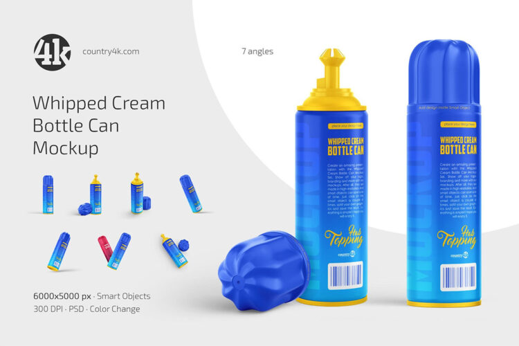 Whipped Cream Bottle Can Mockup Set 奶油奶泡金属瓶罐模型品牌包装logo标识设计贴图ps样机素材模板