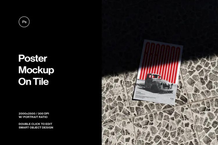 Poster Mockup on Tile 宣传单页海报模型地砖场景展示设计贴图psd样机素材