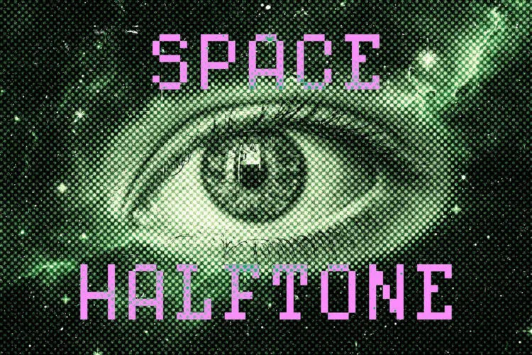 Space Halftone Photo Effect 宇宙空间复古半调孔板印刷点画照片图像ps特效预设模板