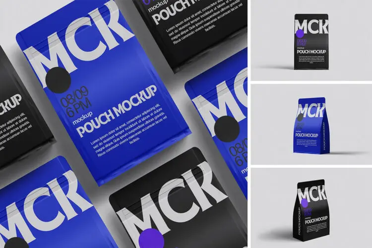 Pouch Mockup 4款咖啡豆零食塑料包装袋模型袋身品牌包装设计贴图psd样机素材
