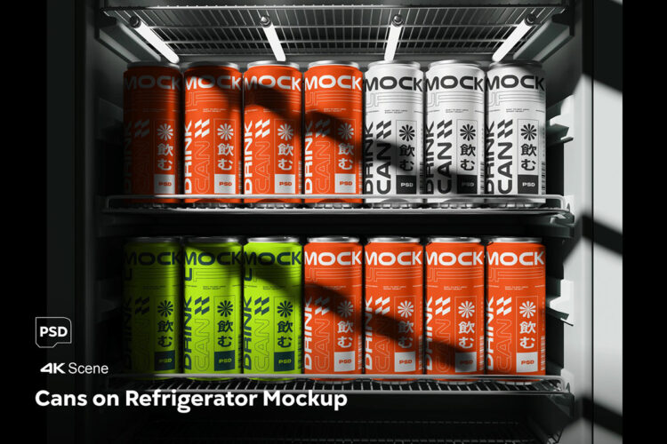 Cans on Beverage Refrigerator Mockup 冰箱冰柜里的金属易拉罐模型罐身品牌包装设计贴图psd样机素材