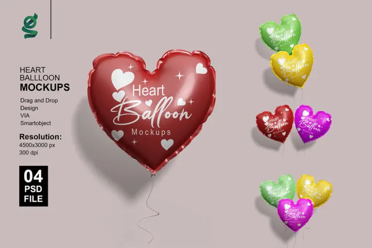 Heart Balloon Mockups 4款极简爱心情人节气球logo徽标设计展示PSD样机
