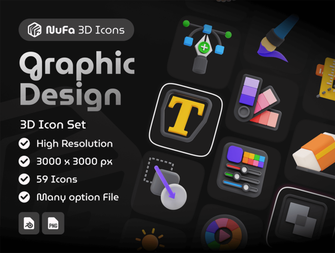 Graphic Design 3D Icon Set 59款3D创意卡通趣味平面设计艺术绘画插画插图png免抠图片素材