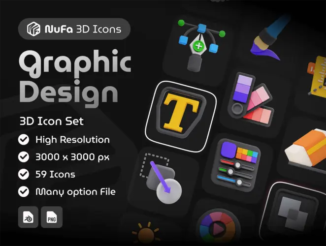 Graphic Design 3D Icon Set 59款3D创意卡通趣味平面设计艺术绘画插画插图webp免抠图片素材