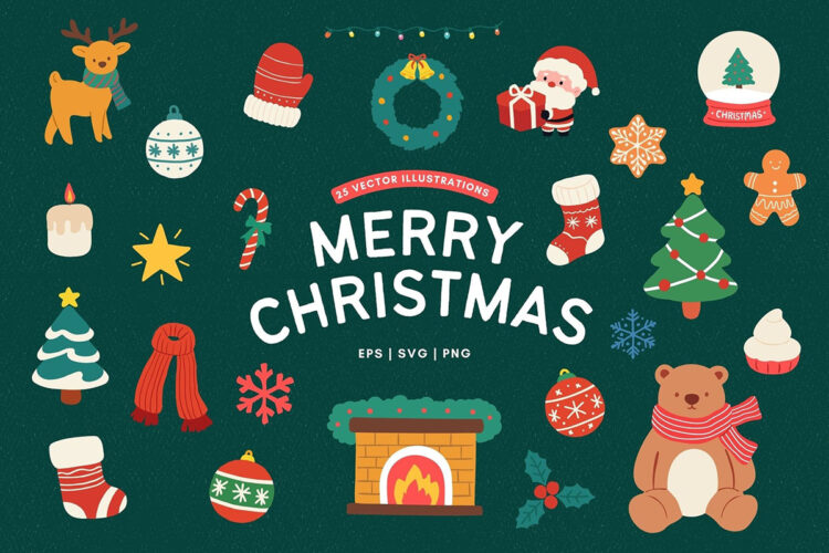Christmas Hand drawn Illustrations 25款手绘卡通圣诞节装饰元素剪切画插图插画矢量设计素材