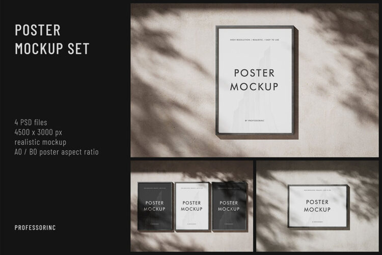 A0/B0 Poster Mockup Set 4款绘画海报边框框架模型作品展示设计贴图ps样机素材