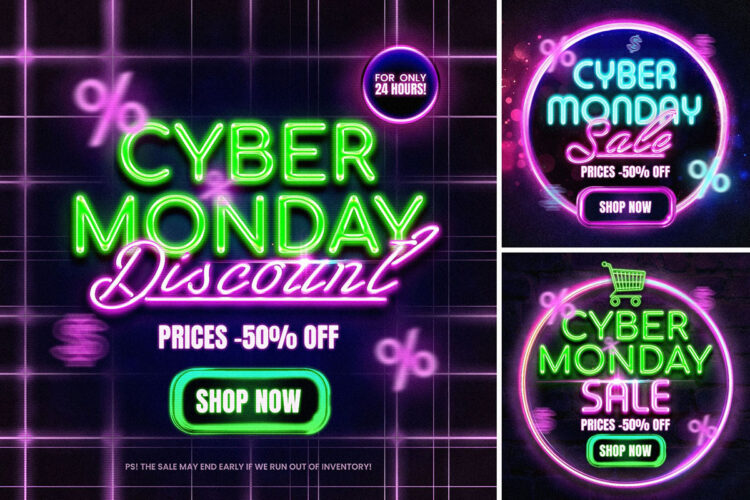 Cyber Monday Sale Social Media Posts 促销打折霓虹灯发光字广告营销排版布局版式设计psd分层素材模板