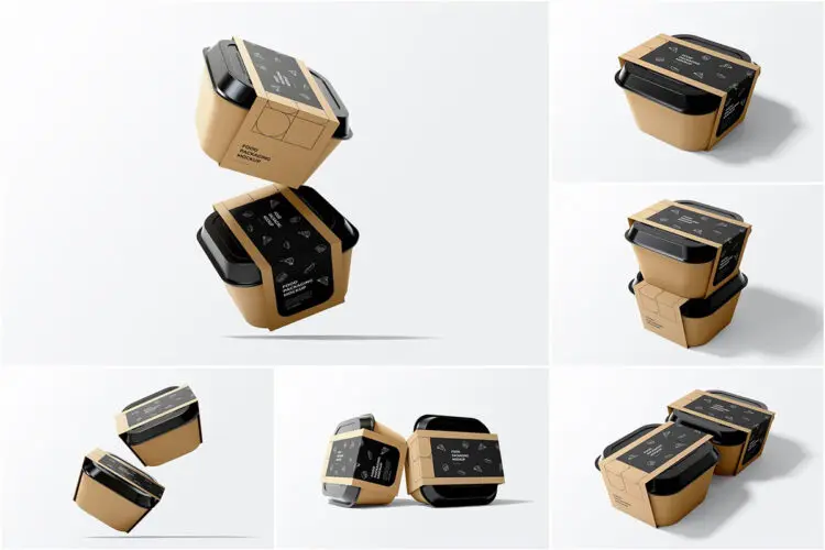 Food Packaging Mockup 6款食品外卖包装打包纸盒模型腰封品牌展示设计贴图psd样机素材