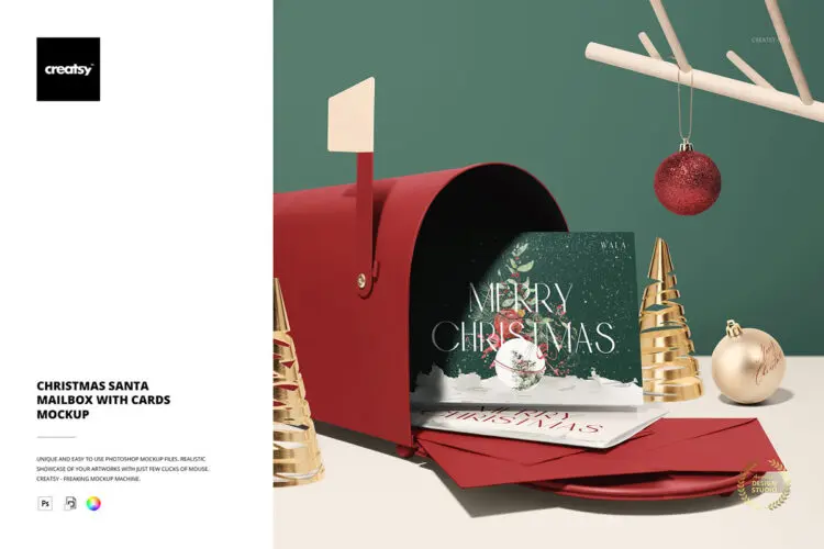 Christmas Santa Mailbox with Cards Mockup 时尚圣诞节新年信箱信纸贺卡设计作品贴图ps样机场景展示效果图