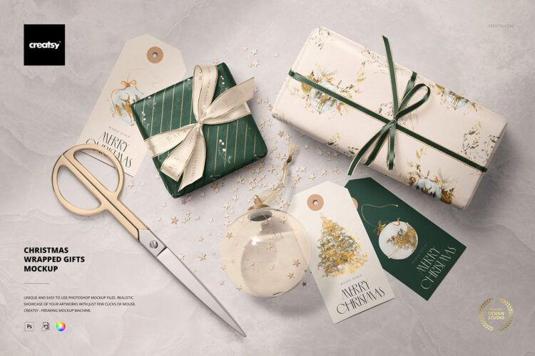 Christmas Wrapped Gifts Mockup 圣诞节新年礼物盒礼品纸盒包装纸标签卡片设计ps样机展示效果图