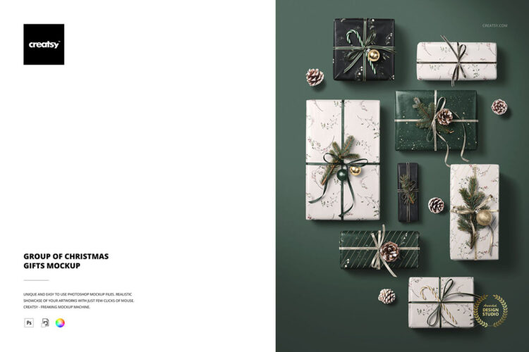 Group of Christmas Gifts Mockup 多规格圣诞节礼物礼品盒纸盒松果装饰包装设计ps样机展示效果图