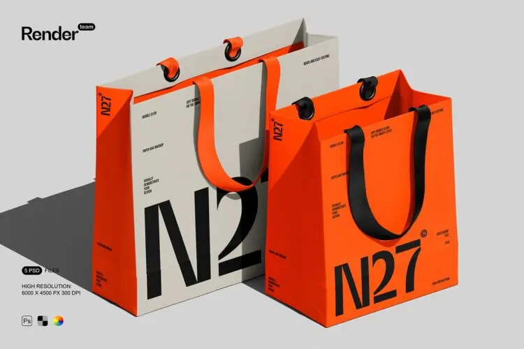 Paper Bag Mockup Set 5款服装店手提纸袋购物袋拎袋礼品袋包装设计展示效果图ps样机