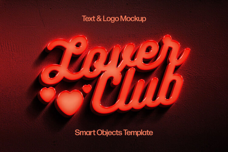 Red Neon Wall Text Logo Effect 3D立体红色霓虹灯墙文本字母徽标发光字效果ps特效预设模板