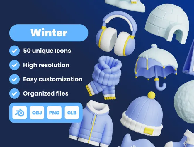 Winter Season 3D Illustration Pack 50款3D冬季雪地服装游玩设备工具icon图标PNG插画插图Blender模型