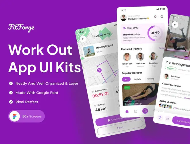 FitForge – Workout App UI Kits 50+屏健身运动锻炼在线视频教学app用户界面设计ui套件模板