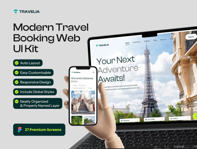 Travelia – Modern Travel Booking Web UI Kit 旅行出行住宿酒店预订响应式网站模板用户界面设计UI套件素材