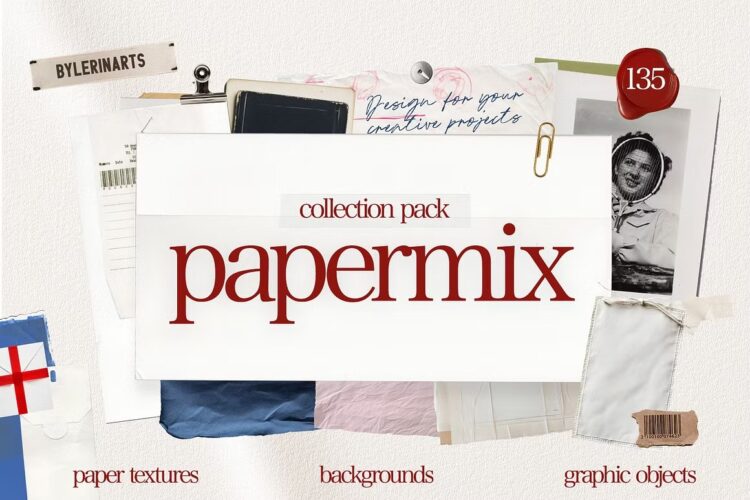 Papermix Collection Pack of Papers 复古文具纸张纹理艺术纸褶皱折痕肌理混合拼贴png免抠图片素材