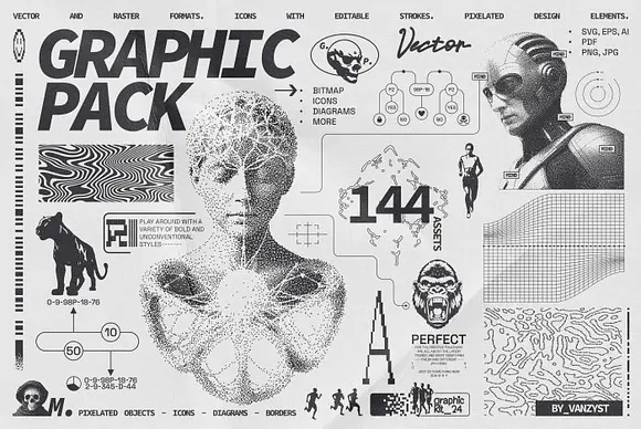 Pixel Explosion 144款复古美学像素风异形外星人Ai人工智能元素插图插画矢量设计素材