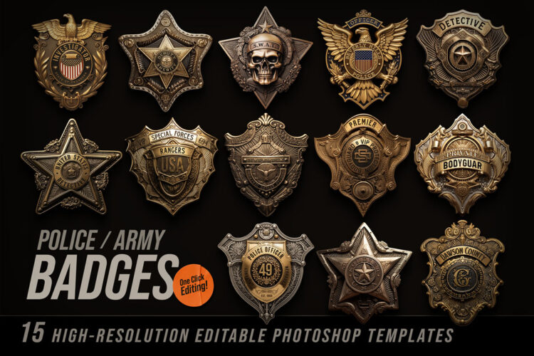 Police / Army / Sheriff Metal Badges 15款军事风黄铜金属警长警官哈雷机车牛仔骑士纪念徽章ps设计素材