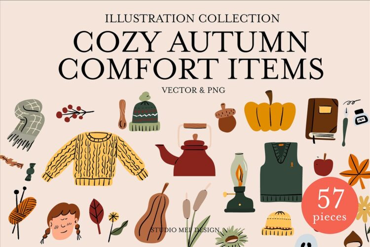 Cozy Autumn Comfort Items 秋冬舒适保暖元素手绘剪切画贴纸插图插画Ai矢量设计素材