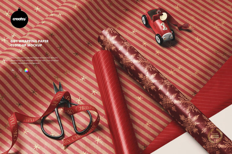 Gift Wrapping Paper Close-up Mockup 手工质感丝带节日礼物礼品包装纸印花图案设计展示效果图ps样机